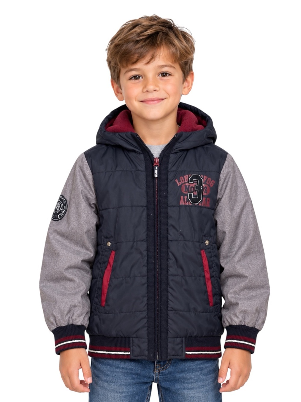 London Fog Boys Size 6 Hooded Insulated Jacket Navy Gray Fleece Lined